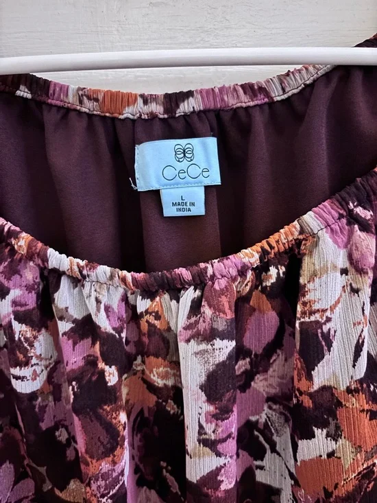 CeCe Purple Floral Tie-Hem Tiered Ruffle Sleeve Blouse - Picture 5 of 6